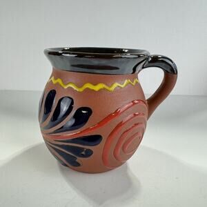 Mexican Clay Coffee Mug Cup Jarrito Decorated Red Swirl Blue Design Pottery Art